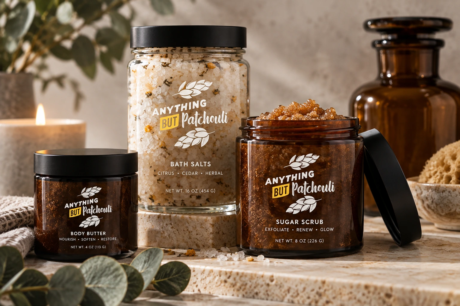 Anything But Patchouli bath salts, body butter, and sugar scrub packaging