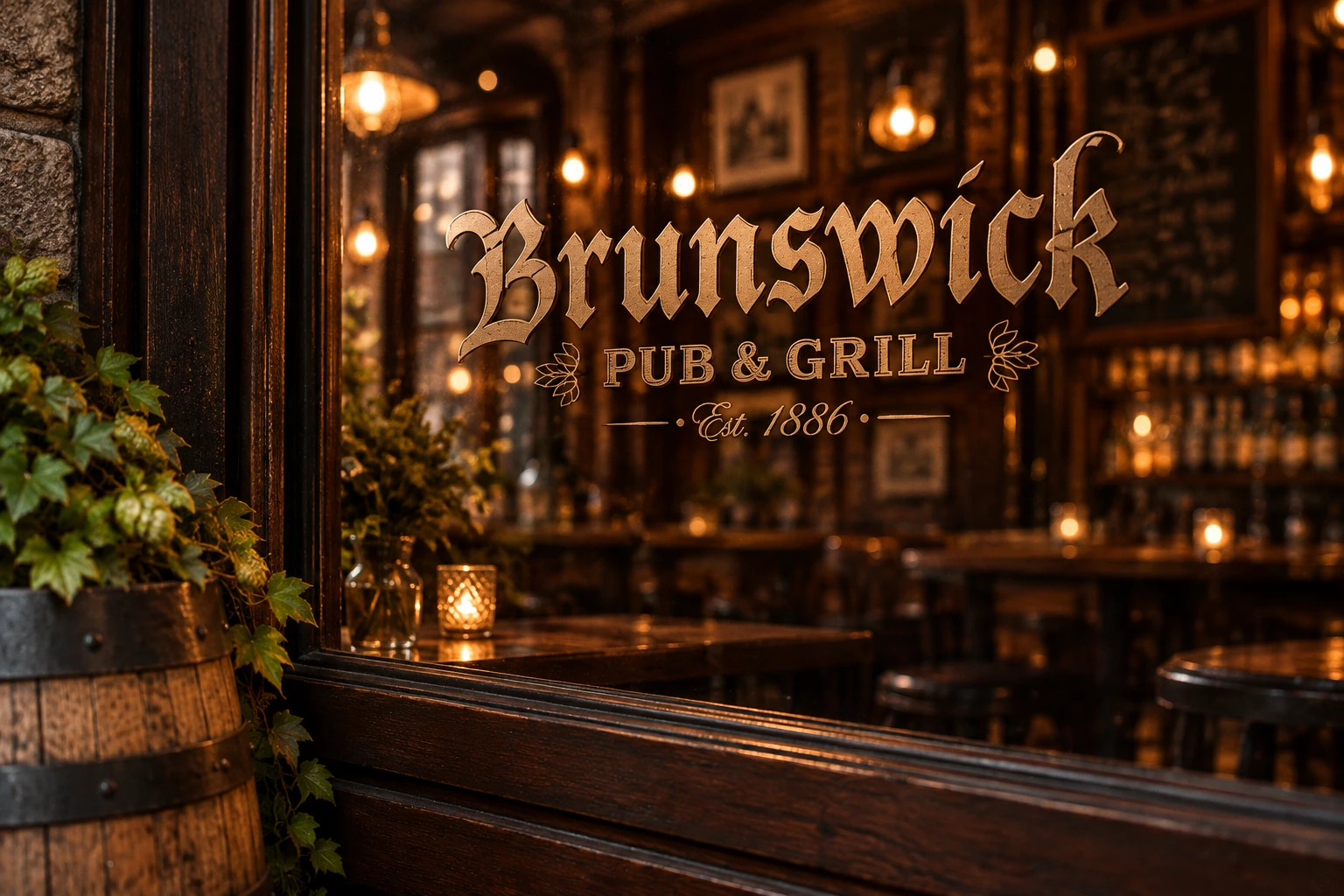 Brunswick Pub & Grill branding on pub window