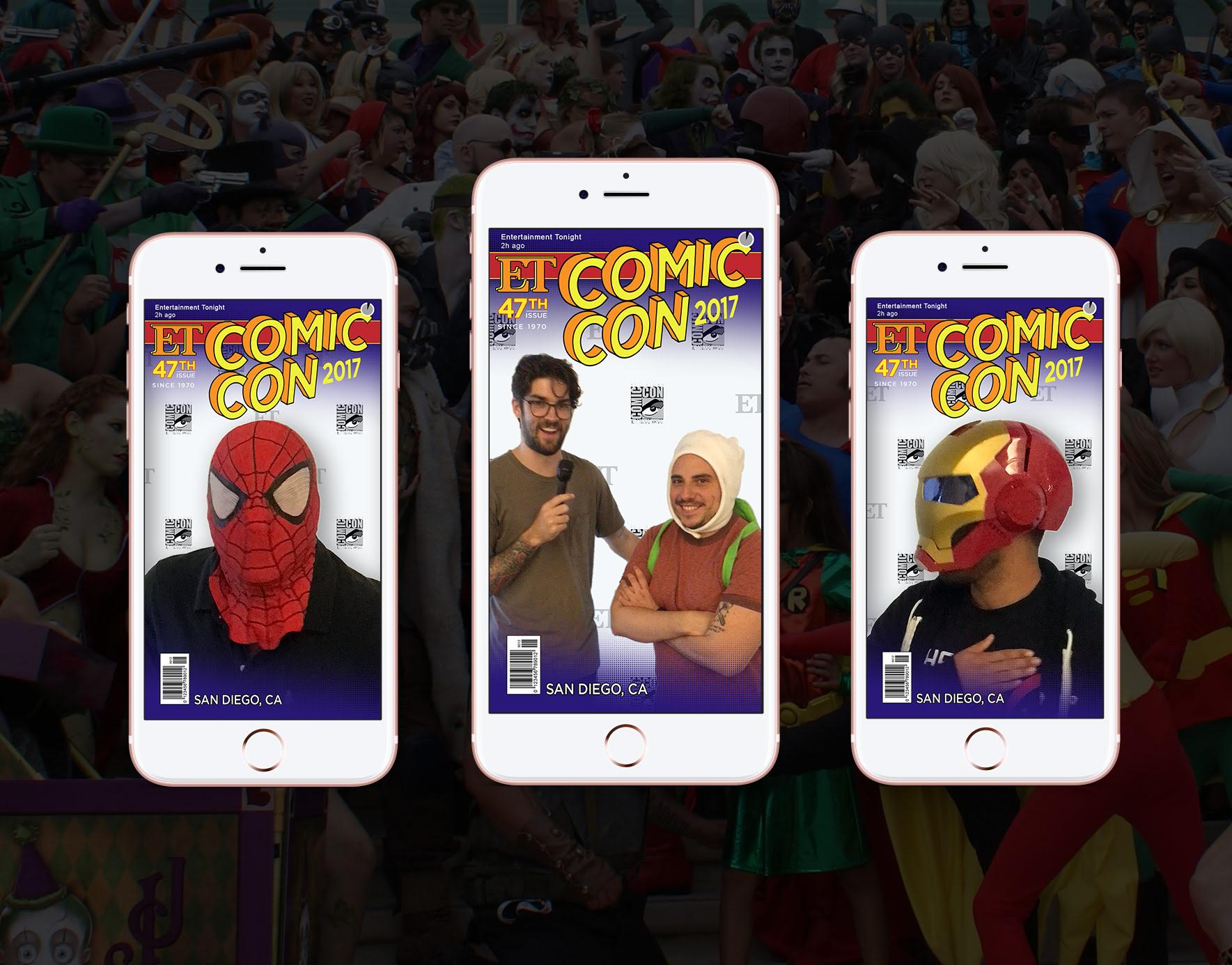 Entertainment Tonight Comic-Con mobile experience shown across three iPhones