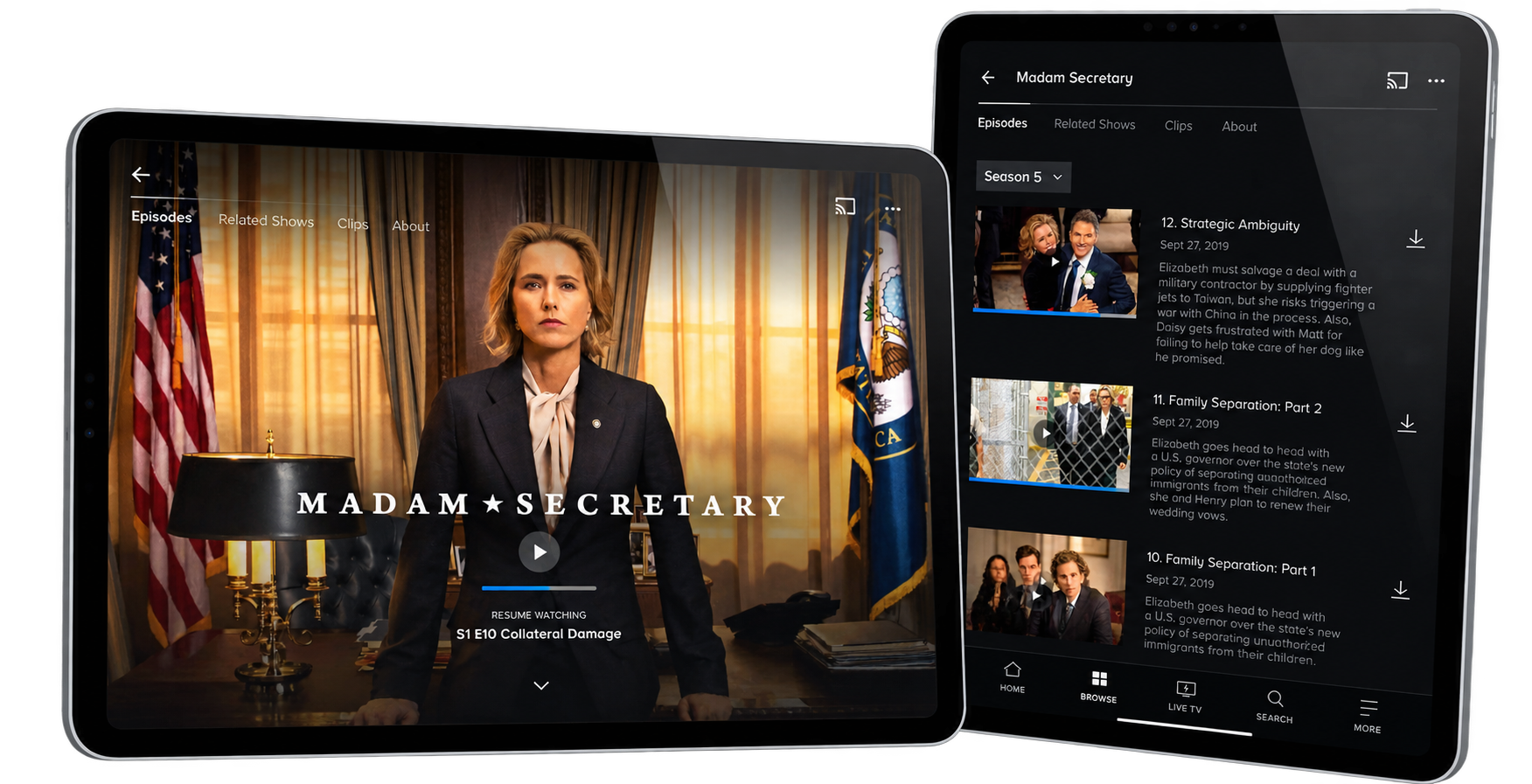 CBS All Access tablet product experience showing Madam Secretary across show and episode views