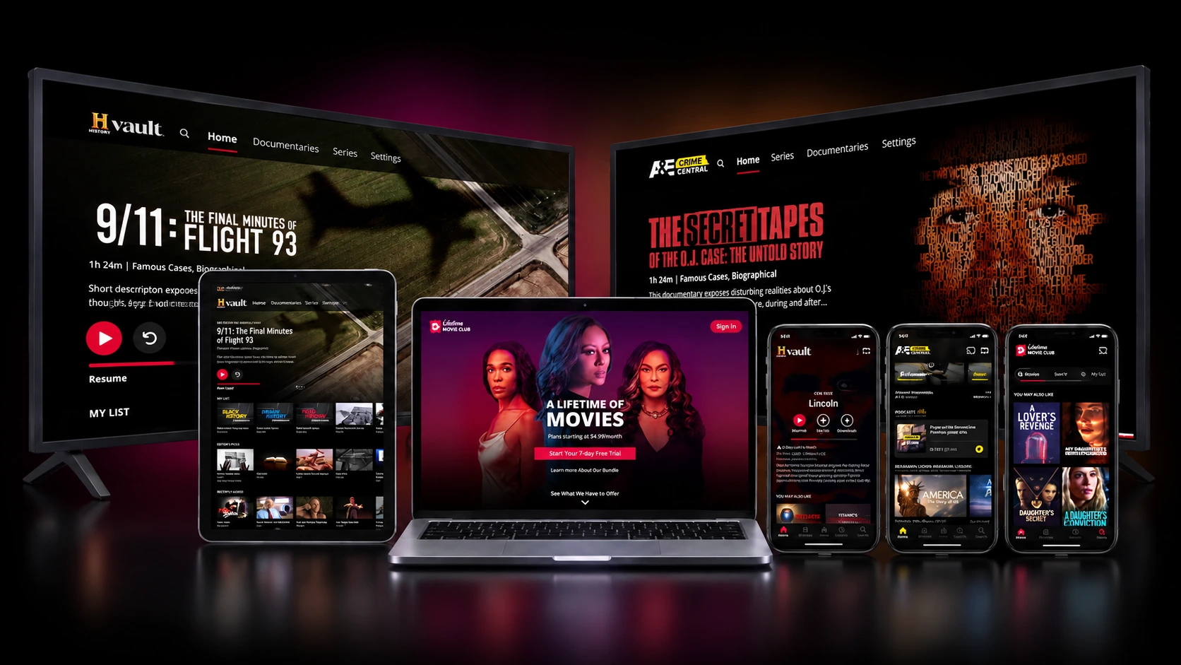 A+E Networks cross-platform device showcase with subtle color scrim