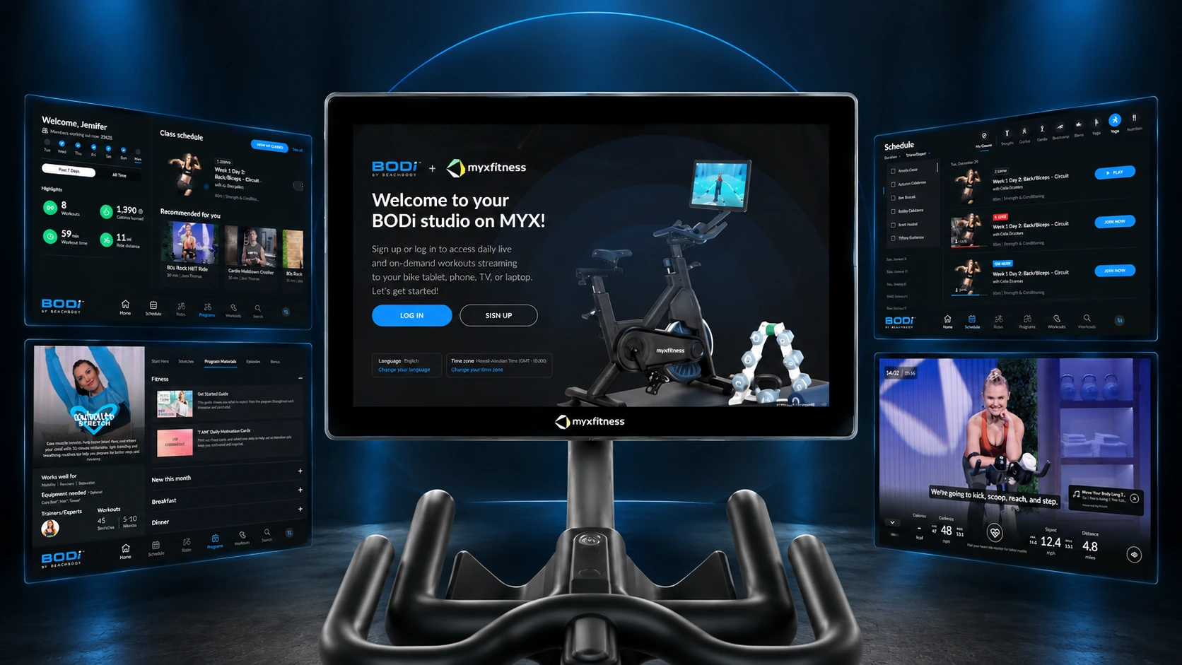 Beachbody Bike welcome screen on the connected tablet display